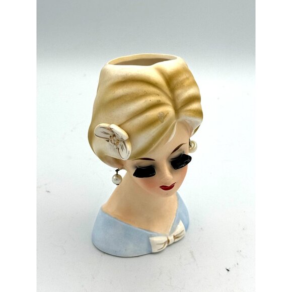 Enesco 4.5  " Lady Head Vase Blue Dress Blonde With Flower VTG Long Lashes As Is - Picture 2 of 8